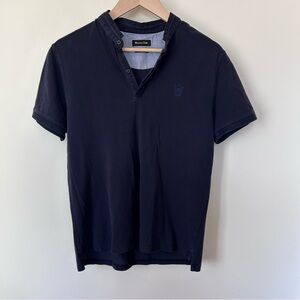 Massimo Dutti Cotton Knit Shirt Navy Blue Slim L Short Sleeve Men Button-Up